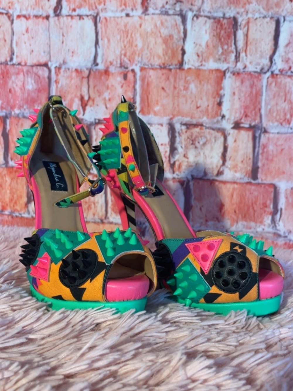 Multicolor Studded Platform Heels by Nando Muzi - Green/Pink/Yellow Accent